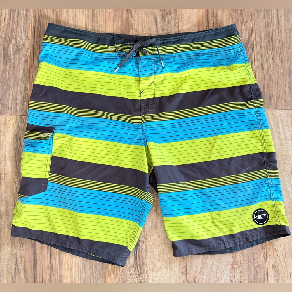 O'Neill Men's Blue and Green Striped Board Shorts Size 38